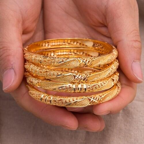 4Pcs/lot 24K Wedding Gold Color Bangle Ethiopian Bride Bangle Bracelet For Women Girl Anniversary African/Eritrea Jewelry