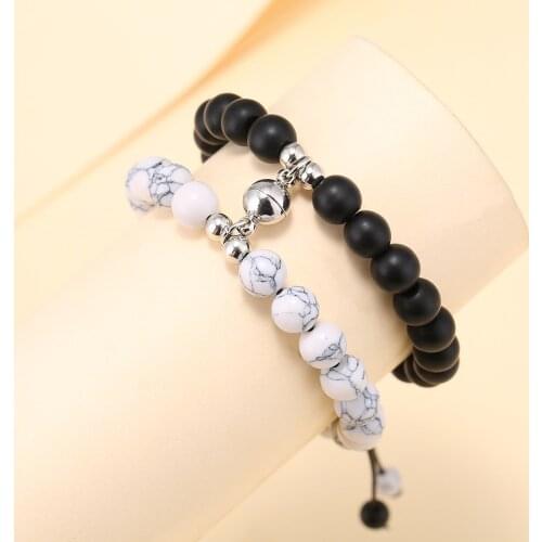 GVUSMIL Chic Magnet Friendship Bracelets for Couples 8mm Natural Stone Handmade Rope Beaded Bracelet Statement Jewelry Gifts