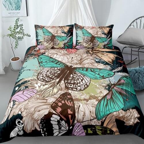 Fanaijia Retro Butterfly Bedding Set queen Size Flwoer Duvet Cover Set with Pillowcase Bedroom Comforter Set Queen King