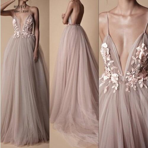 Backless Muslim Evening Dresses 2020 Sexy Deep V-neck Tulle Flowers Slit Islamic Dubai Saudi Arabic Long Formal Evening Gown