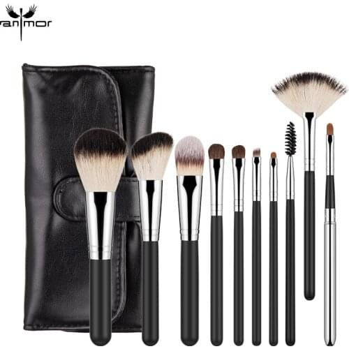 Anmor 11Pcs Goat Hair Makeup Brushes Set With Bag Professional Highlighting Powder Contour Eye Shadow Blending Make Up Brushes