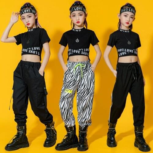Jazz Dance Clothes Girls Black Crop Tops Hip Hop Pants Loose Street Dance Practice Wear Modern Ballroom Dancing Costume BL6816