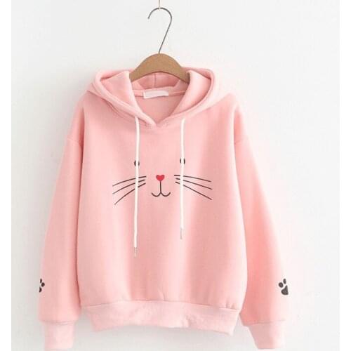 Autumn Fashion Corduroy Long sleeves cat print C Harajuku Print Light pink Pullovers Tops Womens Hooded sweatshirt tops