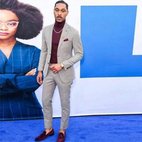 Check Mens Suits 2 Pieces Groom Best Man Pants Suit Business Wedding Blazer Coat (Jacket+Pants)