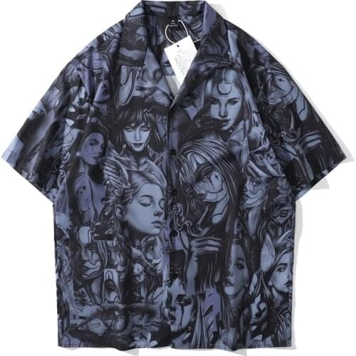Retro Harajuku full-print portrait dark black short-sleeved shirt for men and women Streetwear loose oversie Gothic shirt tops