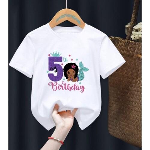 My 1-9th Birthday Afro Mermaid Mermaid Birthday Black Girl T-shirts Children Birthday Girl Gift Present Clothes,Drop Ship