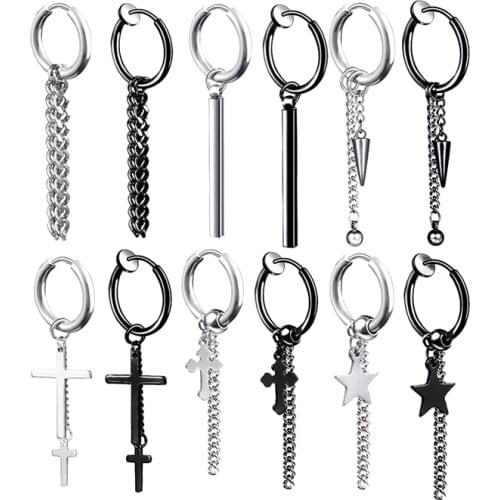Hip Hop Silver Color Cool Cross Star Bullet Titanium Drop Earrings Cool Black Tassel Earrings For Women Men Fashion Jewelry Gift