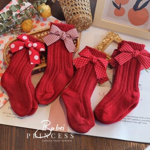NewYear Ins Children Spanish Christmas Big Bow Socks Fall Winter New Red Bow Wool Baby Socks Baby Girl Lace Socks Infant Socks