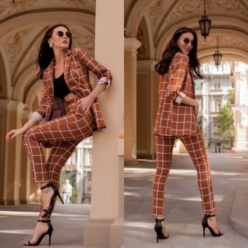 Stylish Plaid Womens Trouser Suit Cheap Two Pieces Prom Dress Party Wear Custom Made Lady Cocktail Gowns
