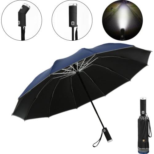 Rainproof Sunscreen Umbrella Reflective Flashlight Lighting Tri-fold Automatic Folding Reverse Umbrella