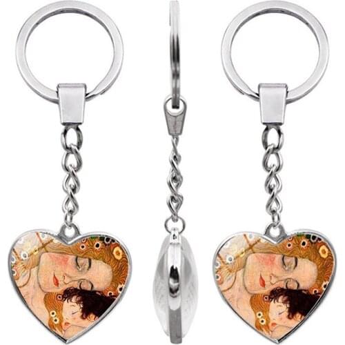WG 1pc Fashion Klimt Kiss Double Sided Heart Glass Ball Keychain Pendant Metal Cabochon Keyring For Women Key Chain Bag Jewelry