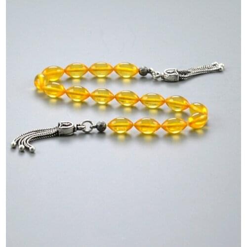 Yellow Bakelite Stress Chain Polshak Mascot Rosary Barley Cut 6x10 mm. 925 Setting Silver Decorated Rosary