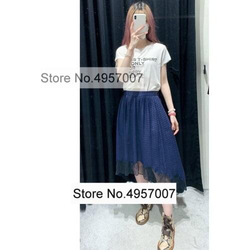 Ladies Black/Dark Blue Letter Printed Midi Skirt With Hollow Out & Lace Patchwork Detail