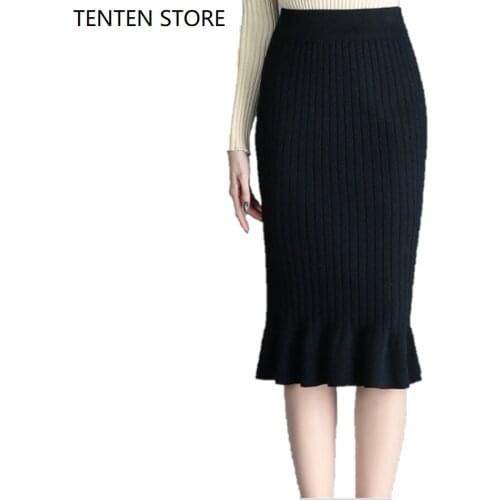 Fall winter ruffle knitted midi skirts women high waist stretch vintage elegant mid calf length fishtail black skirts female