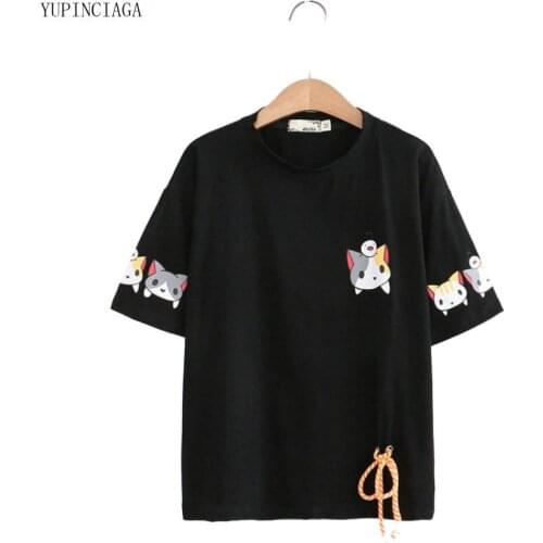 2020 Summer New Cotton Women Cartoon Cat Print Harajuku T Shirts Casual Lace Up Short Sleeve O-Neck T Shirt Femme Basic Tops Tee