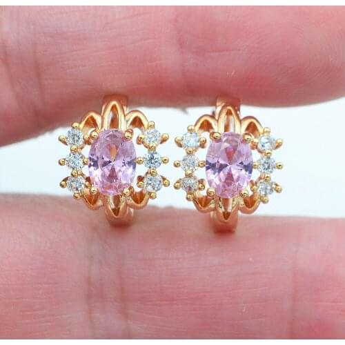 Gold Color Women Fashion Lovely Pink Zirconia CZ Hoop Huggie Earrings Jewelry