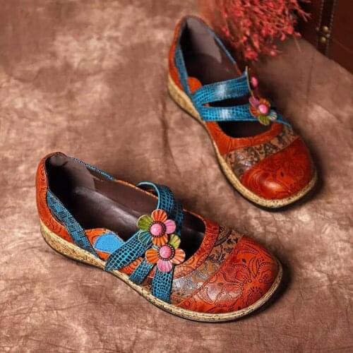 2021 Vintage Floral Genuine Leather Splicing Colored Stitching Hook Loop Flat Shoes Spring Summer Casual Women Flat Shoes New