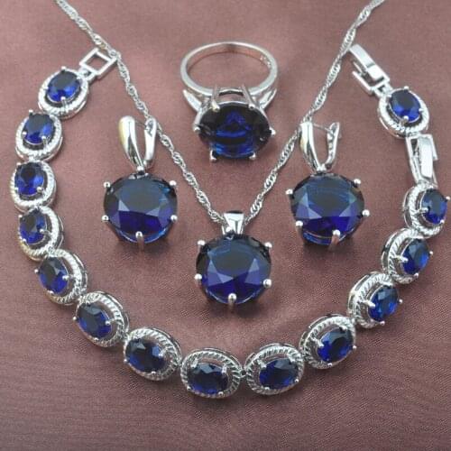 Silver Plated Jewelry Sets Womens Wedding Bracelet Classic Round Blue Crystal Earrings Necklace Pendant Ring YZ0563