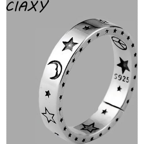CIAXY 925 Sterling Silver Retro Pattern Moon Star Smiley Face Rings for Women Fashion Thai Silver Adjustable Ring Simple Jewelry
