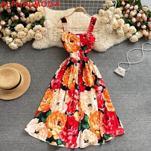 ALPHALMODA 2021 New Retro Print Suspender Tank Dress Women Summer Floral Print High Waist Slim Flounced Holiday Dress