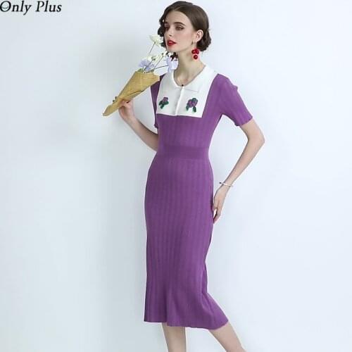 Retro Three-Dimensional Disc Flower Waist Temperament Dress Fashion Knit Mid-Length Skirt Elasticity Prairie Peter pan Collar
