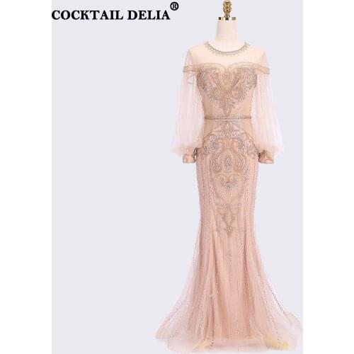 Grey Champagne Luxury Sexy Evening Gown 2021 Elegant Long Sleeves For Women Formal Party Dress O-Neck Mermaid