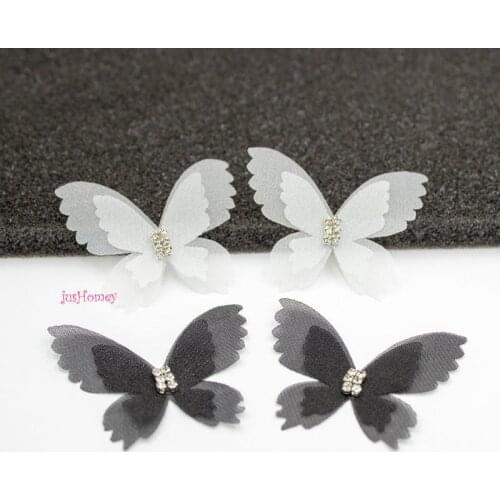 100PCS Double-Layer White Organza Butterfly Appliques Sheer Chiffon Butterflies w/ rhinestone for Party Decoration