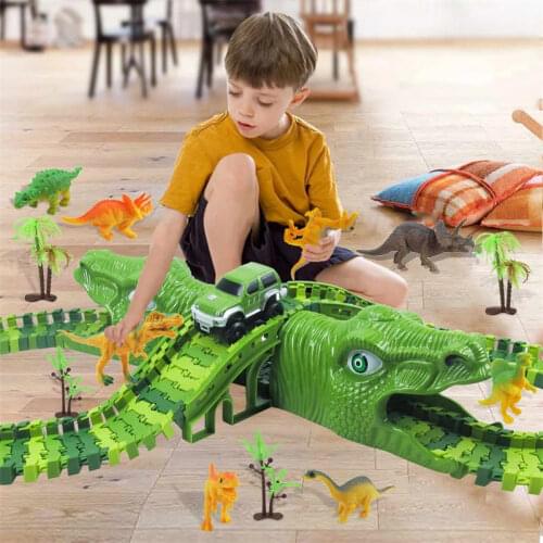 153Pcs Dinosaur Rail Car Track Race Track Toys Set Bend Flexible Racing Track Flash Light Car Educational Toys for Kids Gift