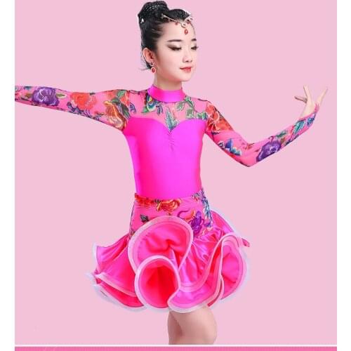 2018 New Style Pattern Childrens Pleuche Long-Sleeved Latin Skirt with Print and Lace Autumn Latin dress for kid M-2XL