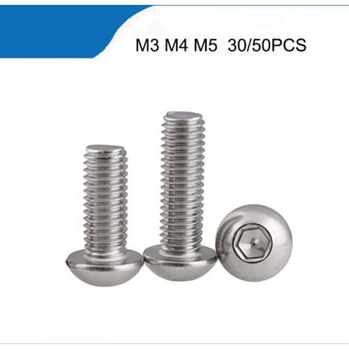 30/50pcs M3 M4 M5 304 Stainless Steel Hexagon Hex Socket Button Head Screw Bolts Round Head Screw Standoff ISO7380