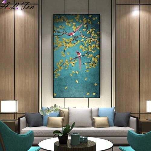 Chinese abstract ginkgo flower bird canvas painting large poster and print plant wall picture for living room posters decoration