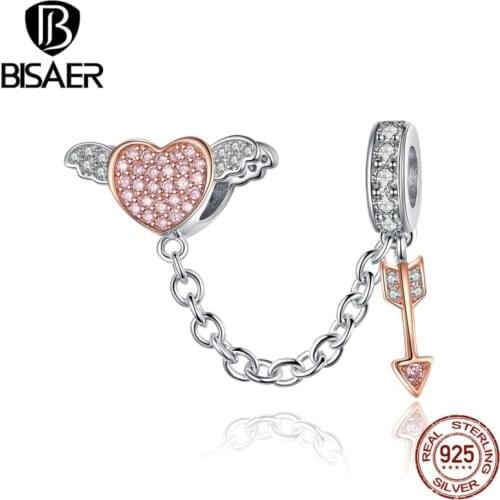 BISAER Safety Chain 925 Sterling Silver Cupid Arrow & Angel Heart Charms Beads fit Girlfriends Bracelets Silver Jewelry ECC1208