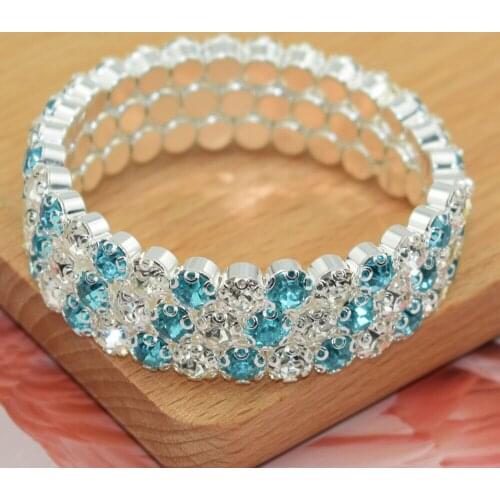 Shiny 3 Rows Blue Crystal Bracelet Wedding Gold Bracelet Rhinestone Stretchable Women Bracelet Jewelry Pulseira Feminina