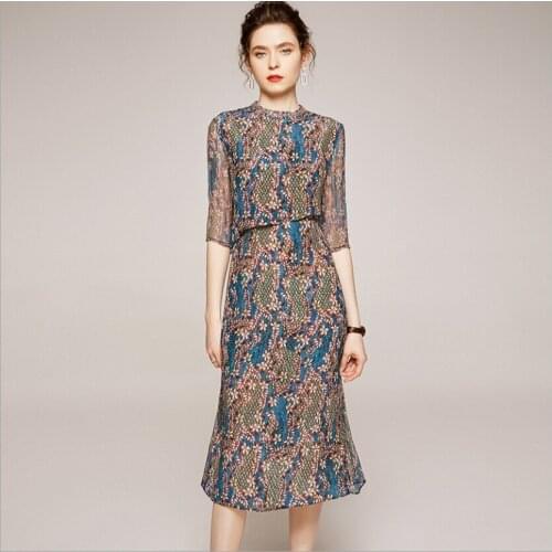 Printing Flowers Long Summer Women Dress Retro Style Unique Mature O-Neck Three Quarter Sleeve Dresses Lady Silk Patchwork Skirt