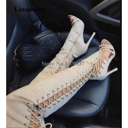 Brand Unique Style Open Toe Beige Suede Leather Over Knee Thin Heel Gladiator Boots Side Lace-up Cut-out Long High Heel Boots