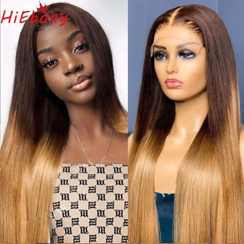 HiEbony Preplucked Lace Front Wig 4/27 Ombre Glueless Lace Front Wig Straight Remy Hair 13x4 Frontal Lace Wigs with Baby Hair