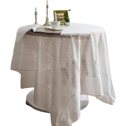 Postoral Style Cotton Knitting Lace Hollow Out White Table Cloth for Home Party Wedding Dustproof Multi-functions Cover