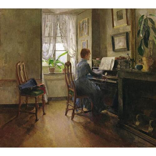 Classic Portrait Oil Painting Handpainted on Canvas Wall Art Painting for Living Room Woman Playing Piano in Room by Window