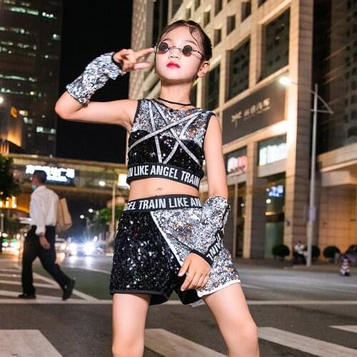 Summer Jazz Dancer Outfit Stage Costume Hip Hop Clothes Sequins Girl Sets Cheerleader Uniform Crop Tops Festival Clothing DL8266