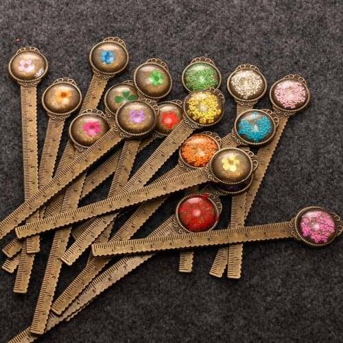 Retro Bronze Bookmark 10cm Ruler Vintage dried flower metal book mark Label Gems Book Page Marker For Gift School Office Decor