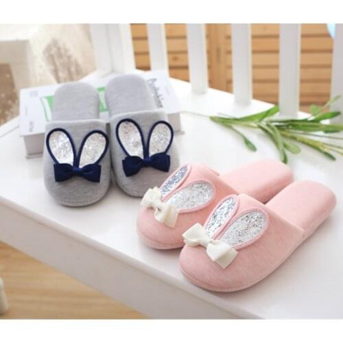Fashion Simple Lovely Three Dimensional Sequin Rabbit Ear Indoor Home Cotton Antiskid Womens Winter Slippers