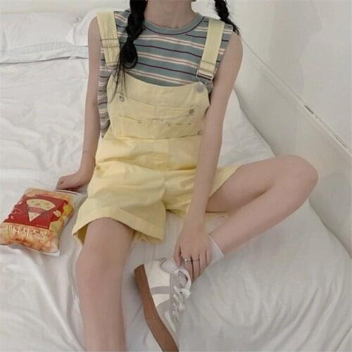 2021 Summer New Preppy Style Yellow Jumpsuit Casual Loose Wide Leg Shorts Female Suspender Shorts Summer