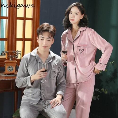 Hikigawa 2021 Sleepwear Couple Pajamas Set Women Warm Soft Velvet Long Sleeve Trousers Suit Female Home Clothes Pijama De Mujer