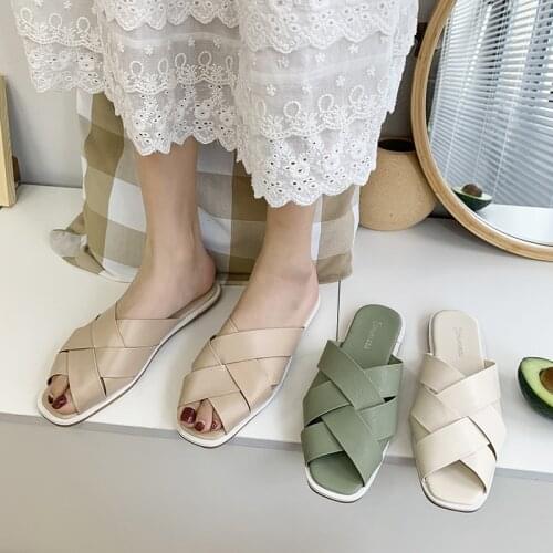 Solid Leather Women Shoes Woman Slides 2021 New Summer Flat Slippers Female Fish Mouth Hollow Vacation Beach Shoes Plus Size