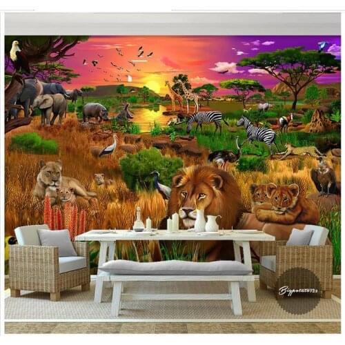 Custom 3d wallpaper 3d wall mural wallpaper Cartoon Sunshine forest lion elephant eagle animal wallpaper child oil painting wall