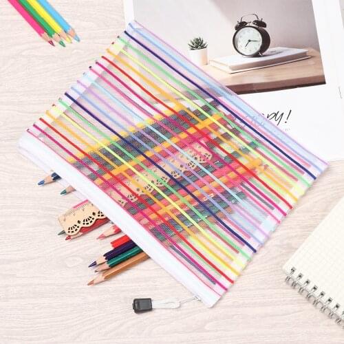 Simple Rainbow color Mesh Pencil Case Transparent Office Student Pencil Cases Nylon Multicolor Zipper Pen Box School Supplies