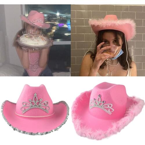 Pink Hat for Birthday Celebration Caps with Wide Brim Costume Accessories Party Hat In Europe Style with Sequins Western Cap