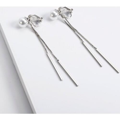 Korean Fashion Imitation Pearl Long Tassel Clip on Earrings Without Piercing Ear Clips Wholesale Jewelry Earrings for Female