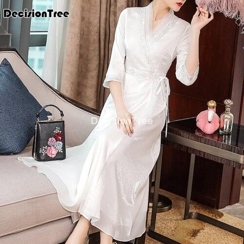 ﻿2021 mesh satin traditional chinese ankle length dress for women chinese style dress elegant long qipao evening party dress