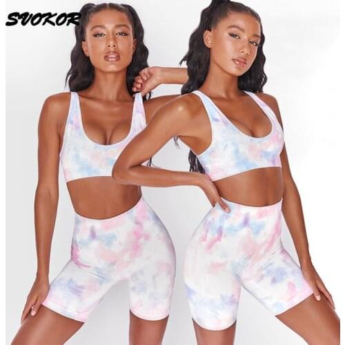 SVOKOR Tie Dye Shorts Yoga Set Women Fitness Sports Set Breathable Gym Clothing Summer Running Workout Yoga Suit Sports Bra